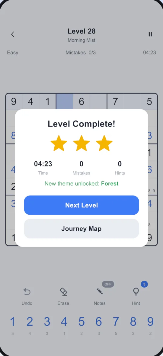 Level complete with three stars and a newly unlocked theme