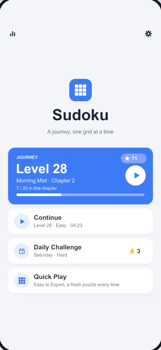 Home screen with the journey, Continue, Daily Challenge and Quick Play