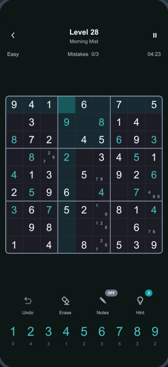A Sudoku level in dark mode